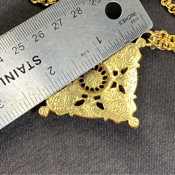 Vintage 1928 Chain Necklace Gold Tone Faux Pearl & Blue Green Cabochons 28" - Picture 11 of 12